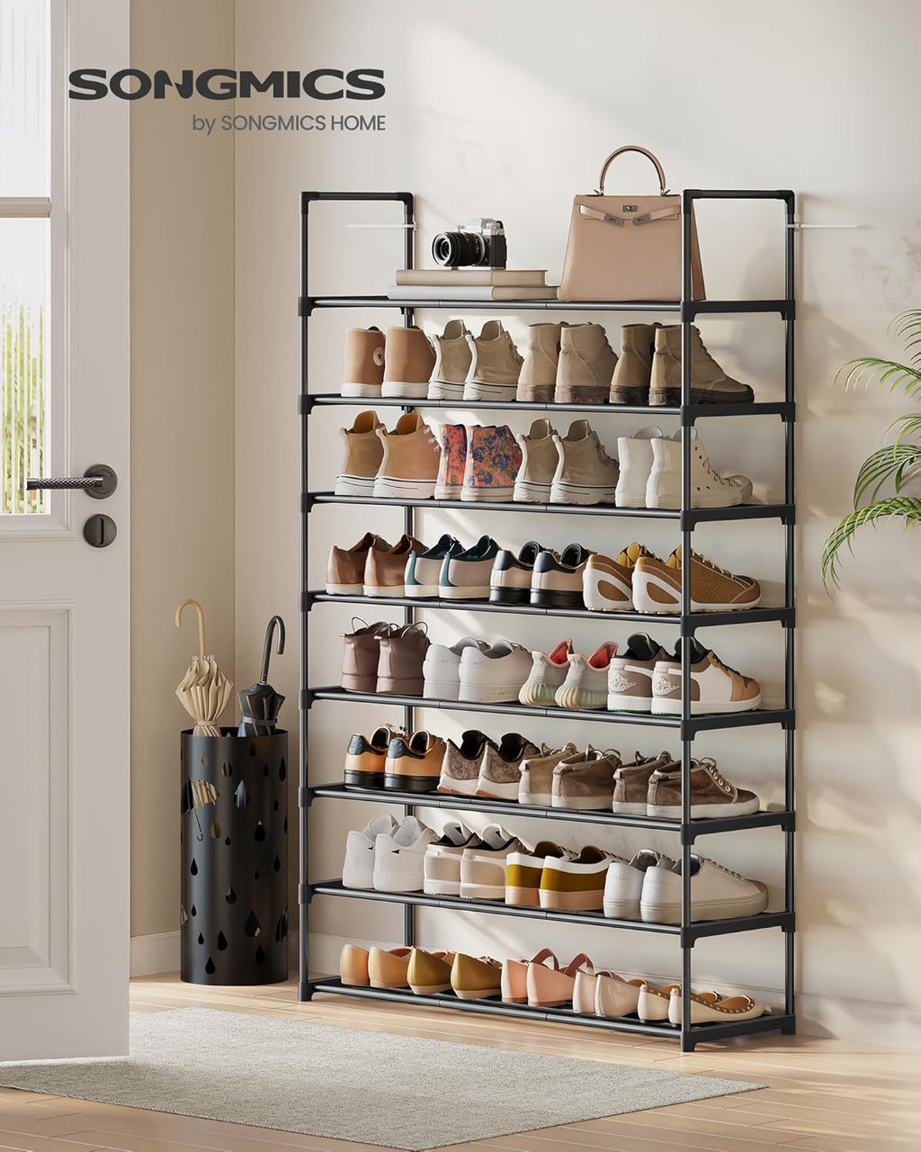 SONGMICS 8-Tier Shoe Rack - Stackable Metal Organizer for 32-40 Pairs | Black, 11.8 x 36.2 x 56.5 Inches