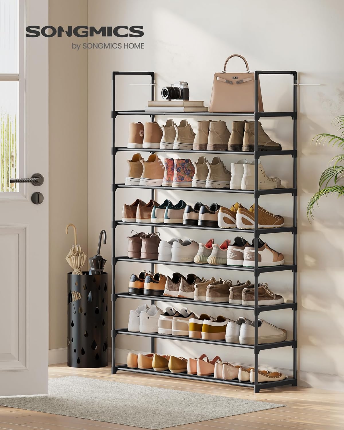 SONGMICS 8-Tier Shoe Rack - Stackable Metal Organizer for 32-40 Pairs | Black, 11.8 x 36.2 x 56.5 Inches
