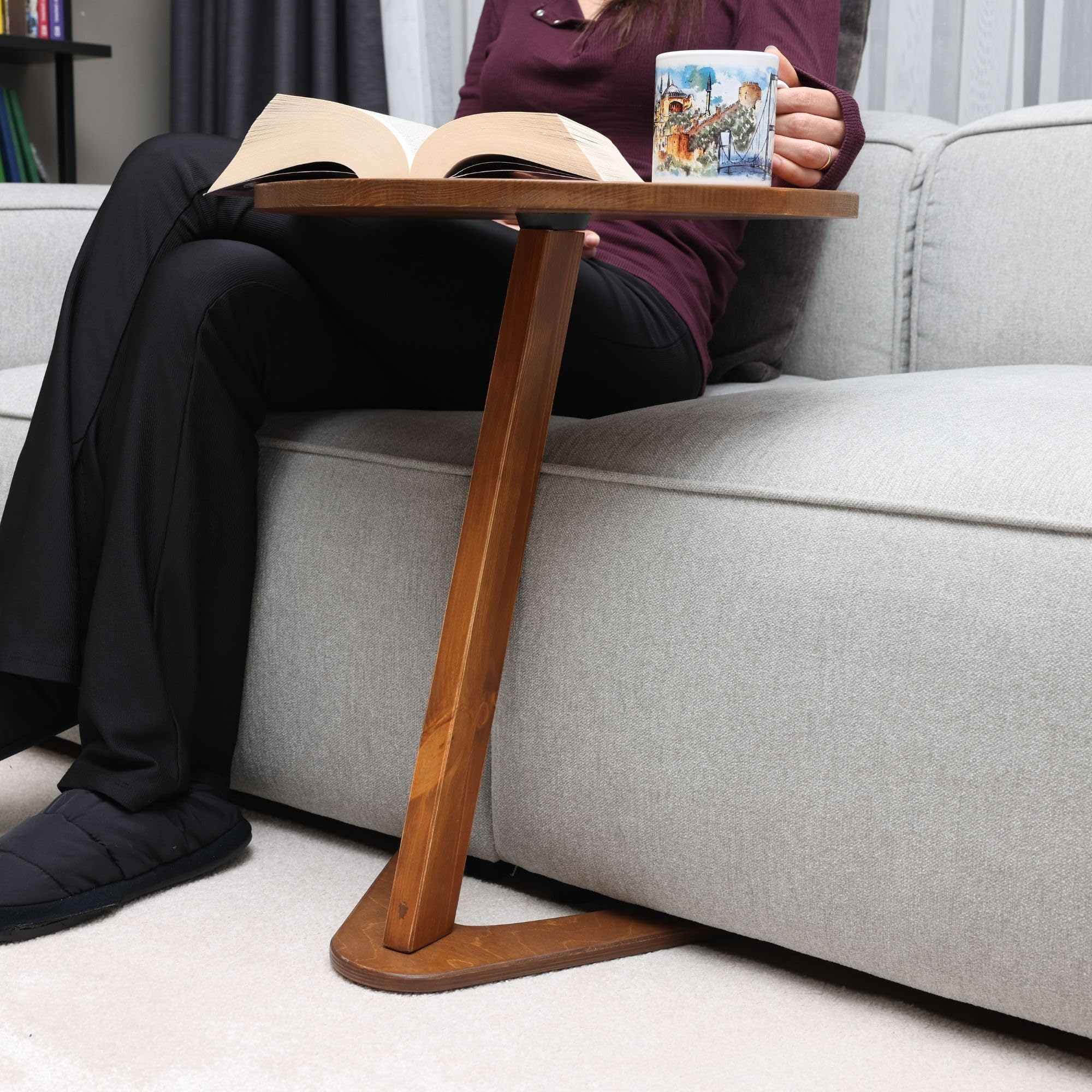 GENESIS WOODESIGN C-Shaped Handmade End Table, Side Table for Couches, Sofa Tables Slide Under Couch for Living Room, Over Couch TV Tray Table for Small Spaces (Large, Chestnut)