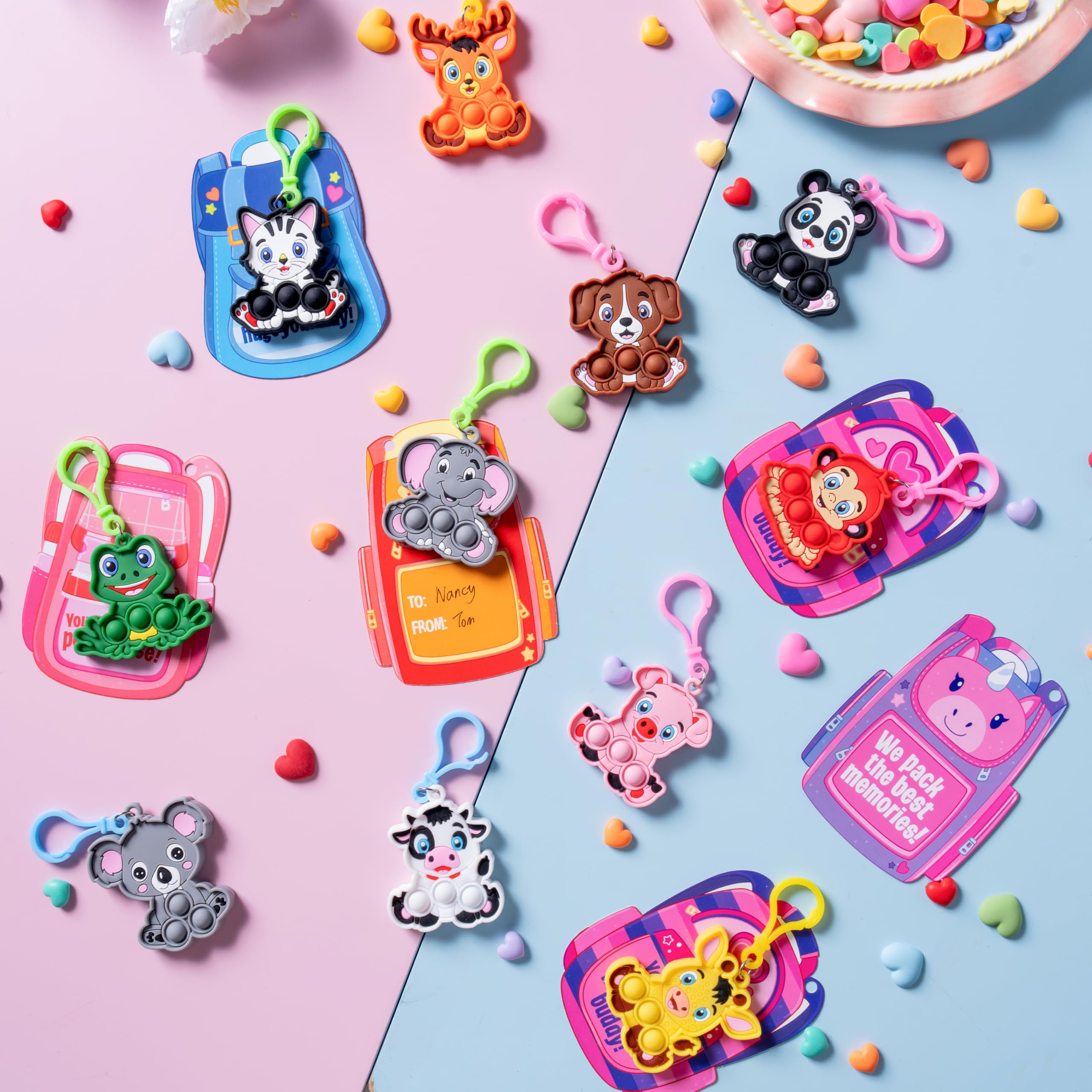 JOYIN 28 Packs Valentine's Day Cards with Animal Pop Bubble Keychain Toys, Mini Pop Squeeze Toys, Stress Anxiety Relief Fidget Toy with Cards for Kids Classroom Exchange, Game Prizes Party Favors