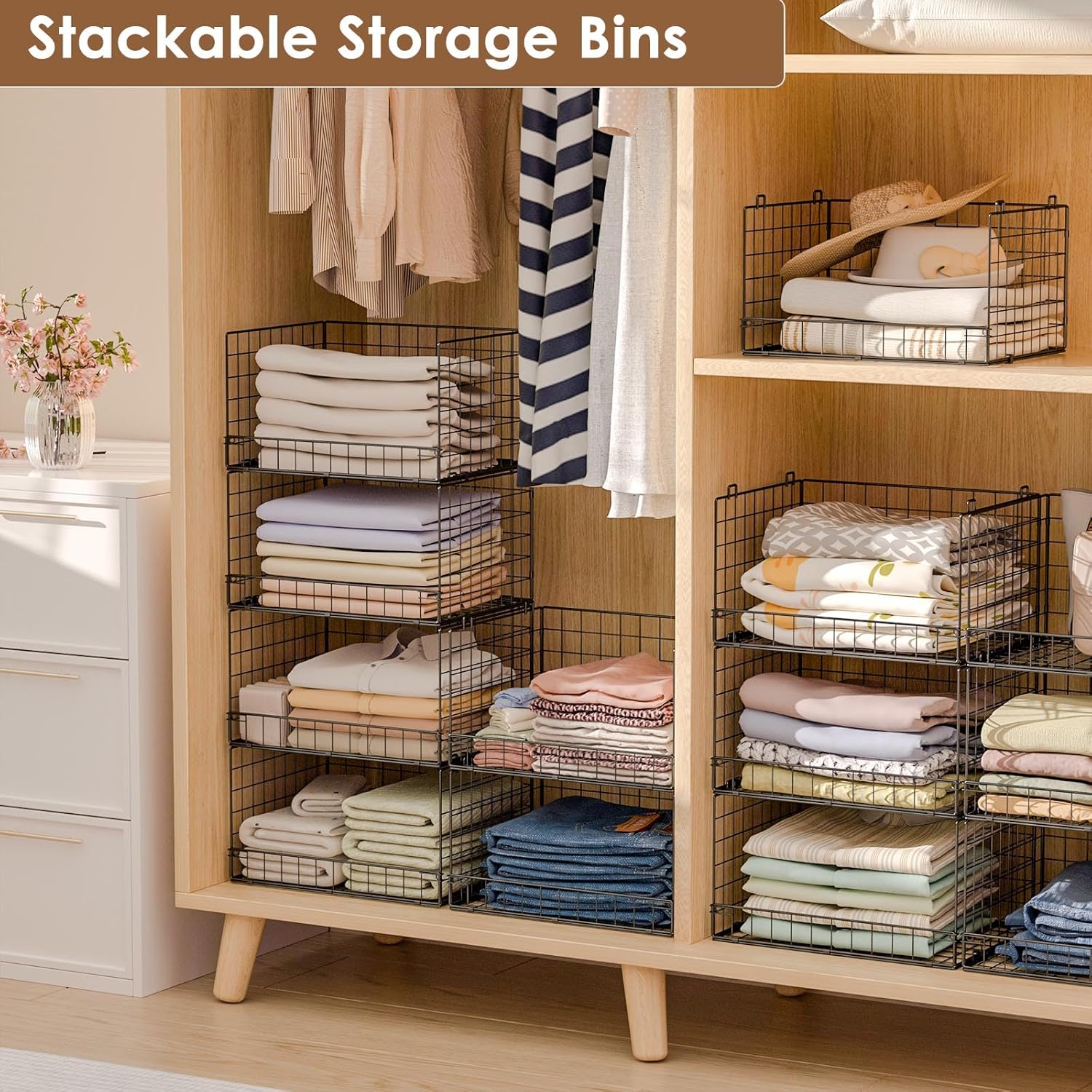 Yociyoga 4-Tier Stackable Closet Organizer - Foldable Storage Shelves & Bins in Black