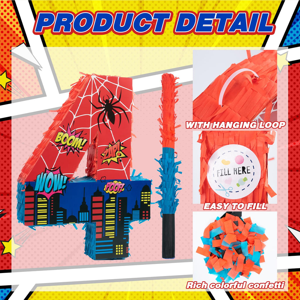 Number 4 Spider Pinata Bundle with 16 Inch Piñata Stick Blindfold Confetti for Hero Birthday Party Decoration Anniversary Celebration Gift Spider Party Favors for Kids, 16 x 11.6 x 2.4 Inch