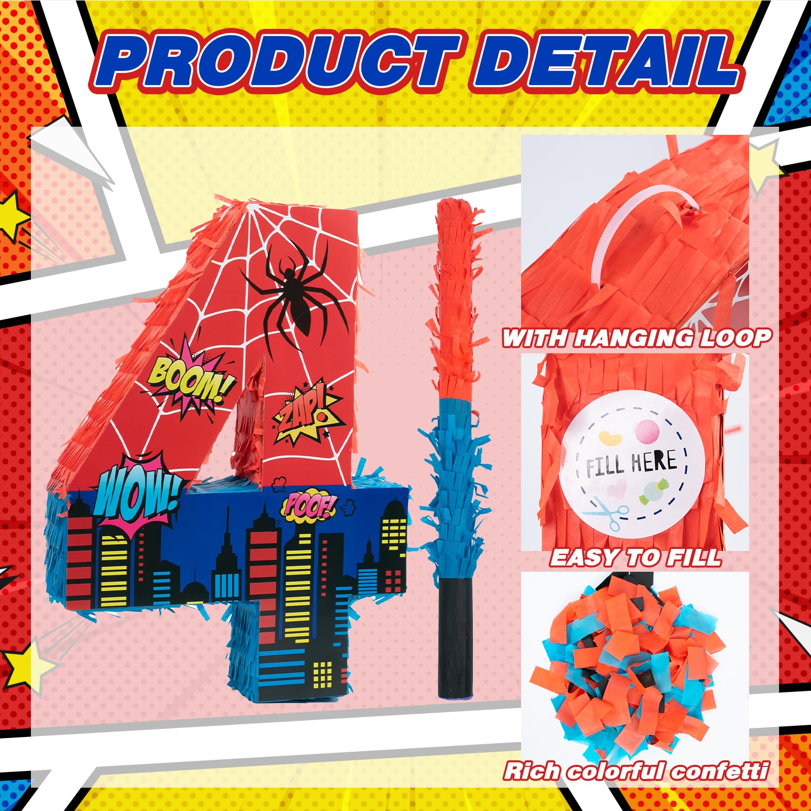 Number 4 Spider Pinata Bundle with 16 Inch Piñata Stick Blindfold Confetti for Hero Birthday Party Decoration Anniversary Celebration Gift Spider Party Favors for Kids, 16 x 11.6 x 2.4 Inch