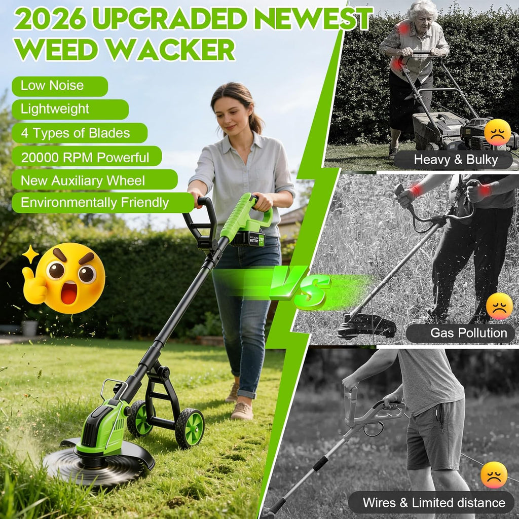 Skiennix 20000 RPM Electric Weed Wacker - Cordless 12" Brushless Trimmer with 4-in-1 Functionality & 2 Batteries