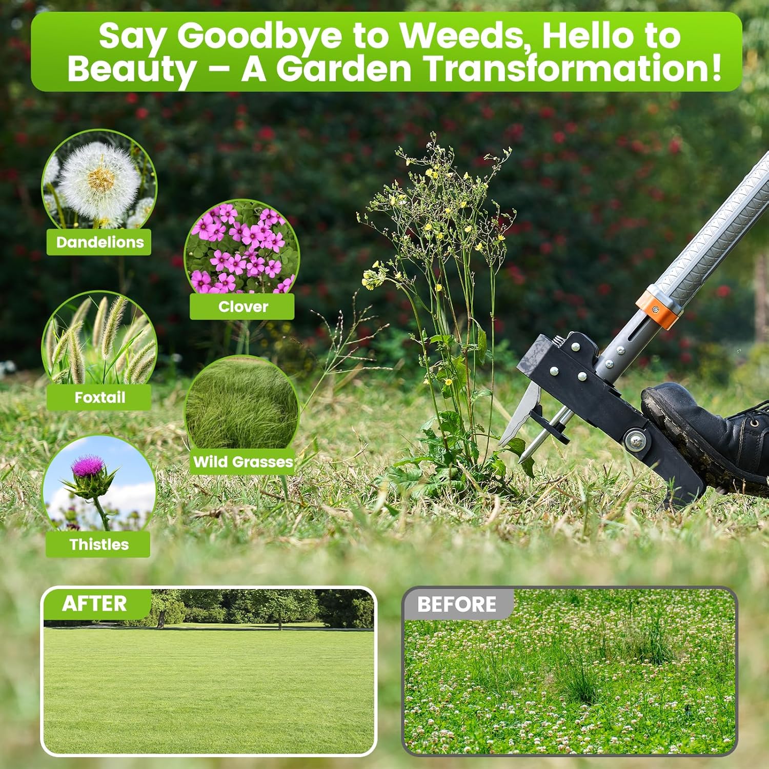 Stand Up Weed Puller Tool by [Brand Name] - 4-Claw Steel Head, 39"-46" Adjustable Handle for Effortless Weeding