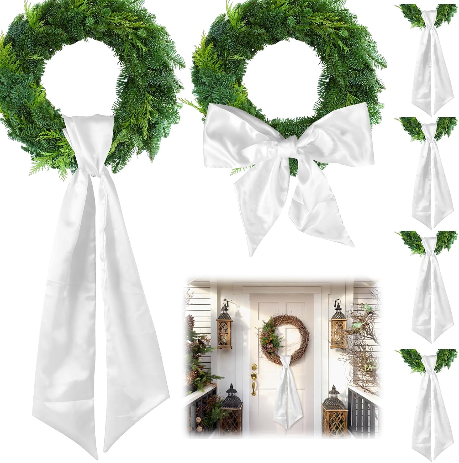 Skiennix 6Pcs White Wreath Sash - Blank Monogram Door Hanger for Christmas & Halloween | 5x55in