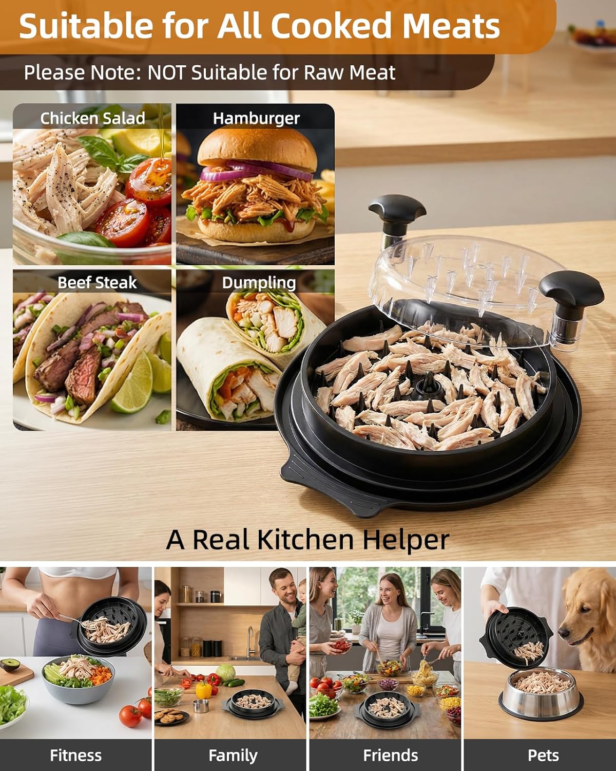 Skiennix Chicken Shredder - Large BPA-Free Meat Shredder Tool with Tray & Brush | Anti-Slip Design (Black)