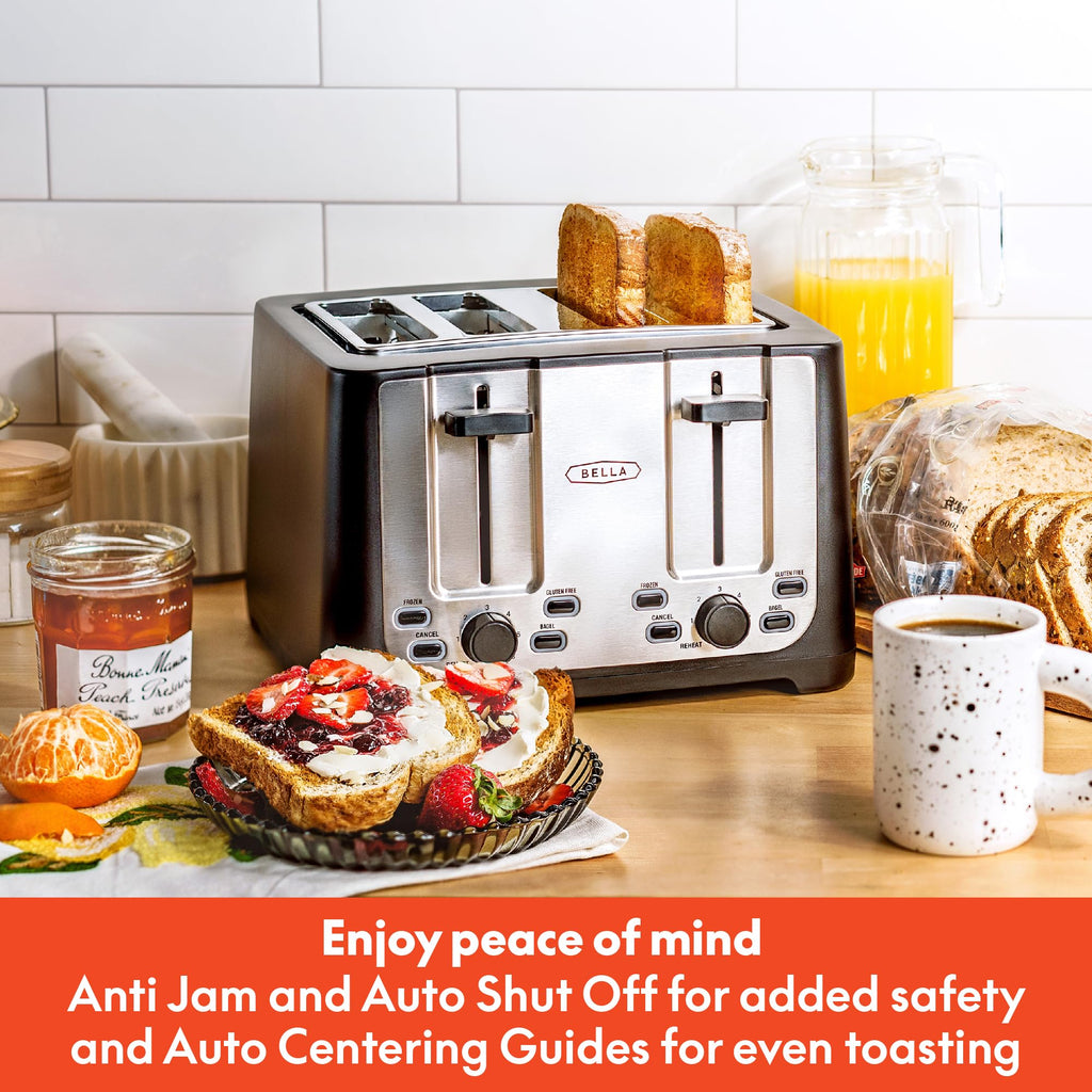 bella 4 Slice Toaster with Auto Shut Off, Extra Wide Slots & Removable Crumb Tray and Cancel, Defrost & Reheat Function, Toast Bread & Bagel, Black