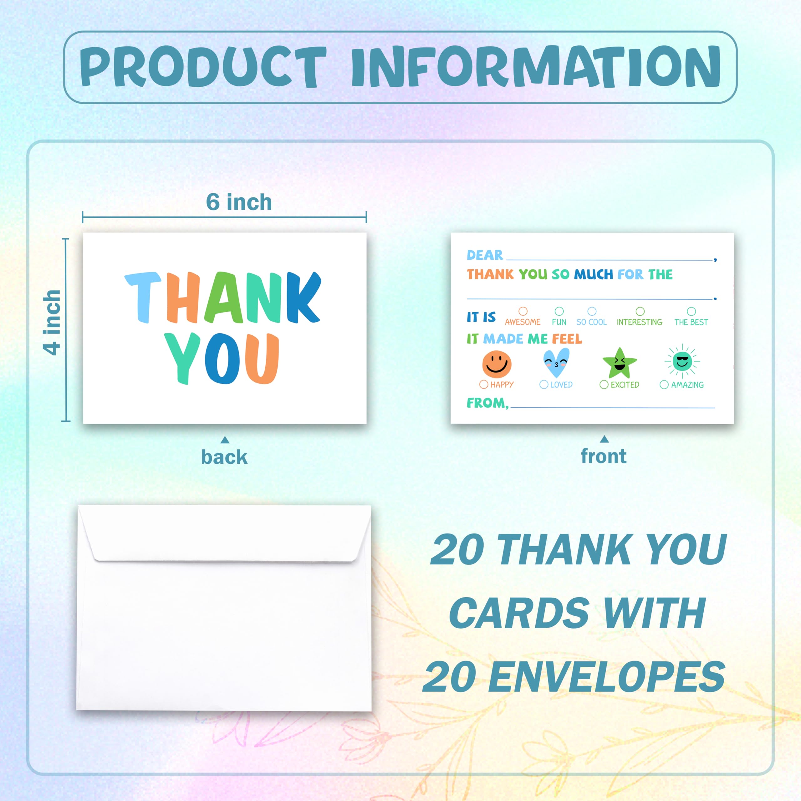 FQPJA Colorful Thank You Card For Kids, Fill In The Blank Birthday Greeting Cards, Colorful Postcards, 20 Pack Thank You Notes With Envelopes, Baby Shower Party Supplies Decorations -B01