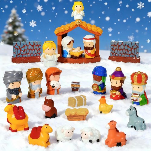 Furjane 24 Pcs Christmas Little Nativity Set Christmas Nativity Scene Resin Hand-Painted Nativity Set Figurines for Party Decorations Tabletop