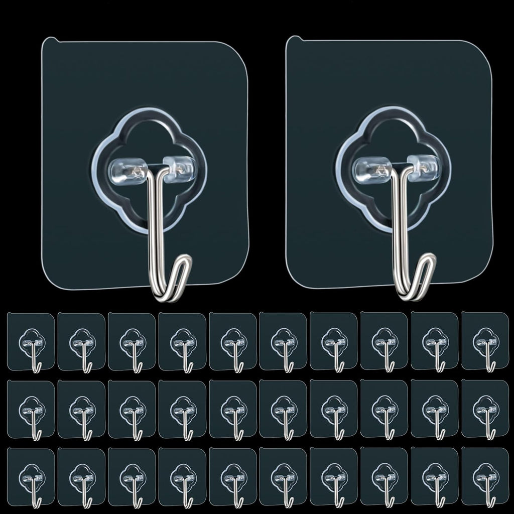Skiennix Adhesive Hooks - 32 Pack, 33lb Max Capacity, Transparent & Reusable Wall Hooks for Home & Outdoor Use