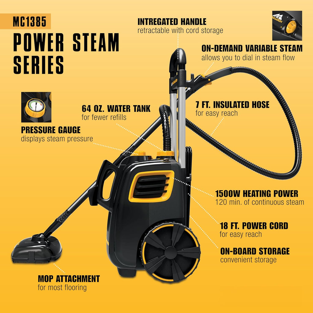 McCulloch MC1385 Deluxe Canister Steam Cleaner - 2-Hour Runtime, Chemical-Free, 23 Accessories for Home & Car Detailing