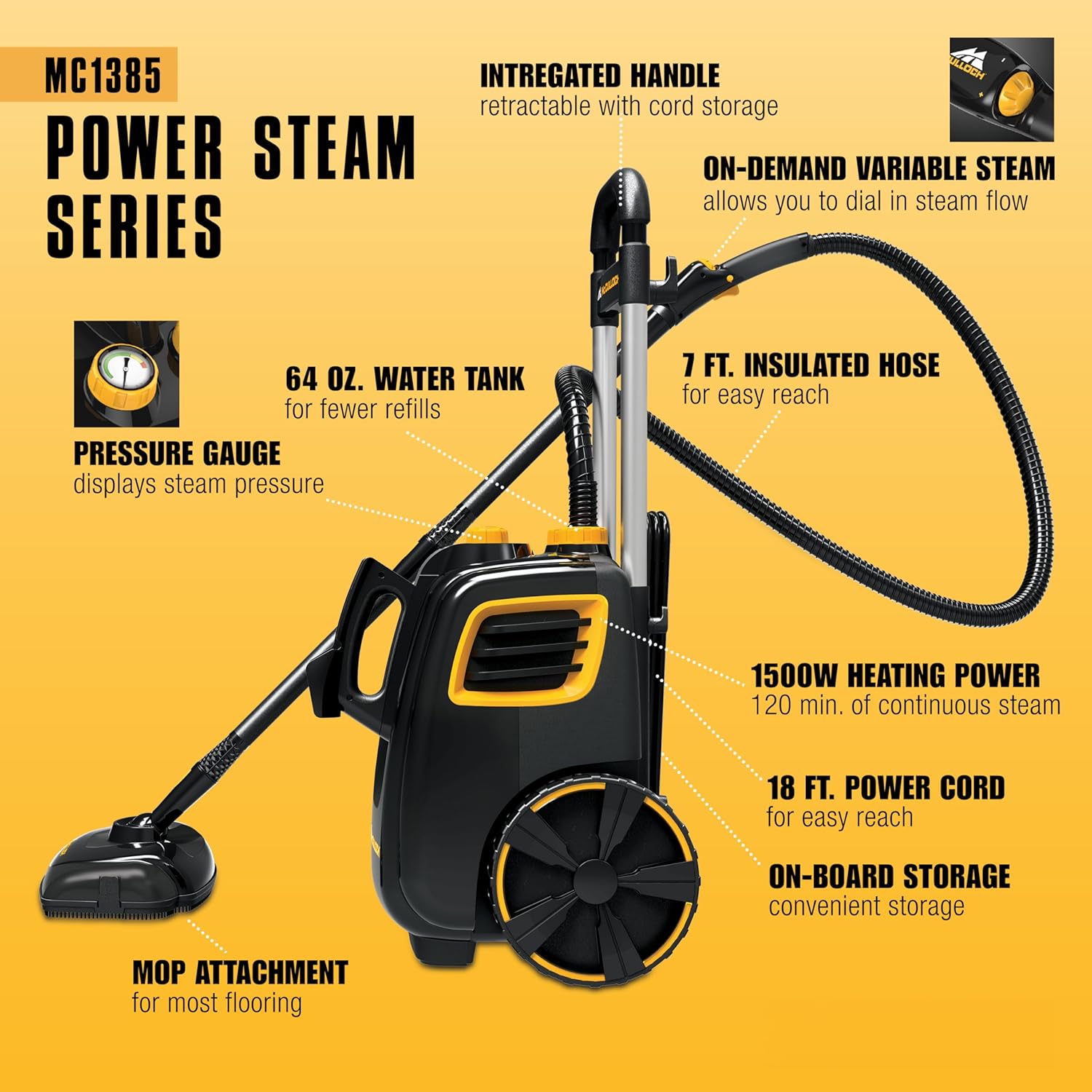 McCulloch MC1385 Deluxe Canister Steam Cleaner - 2-Hour Runtime, Chemical-Free, 23 Accessories for Home & Car Detailing