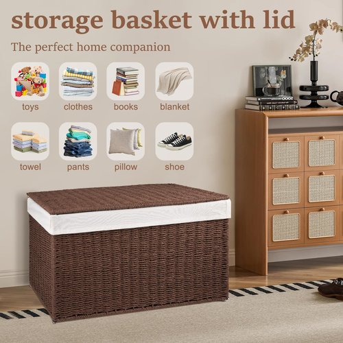 OIAHOMY Storage Basket with Lid, 27.7 Gallon (105L) Blanket Basket with Removable Separated Liner Bag, Paper Rope Hamper with Handle, Foldable, Shelf Basket for Living Room, Brown