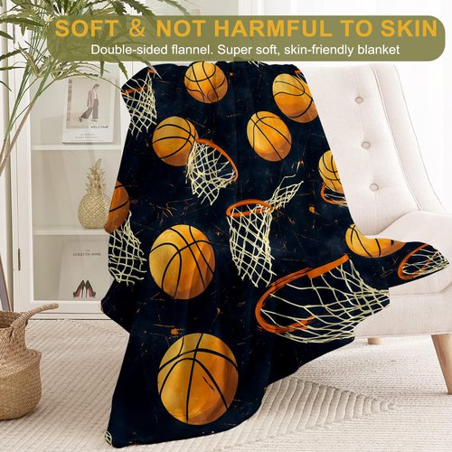 ainori Basketball Hoop and Balls Flannel Blanket - Dynamic Sports with Swishing Hoops and Flying Basketballs Throw - Soft Cozy Gifts Blankets for Sport Lovers, Kids,Game Room Decor 50x60in