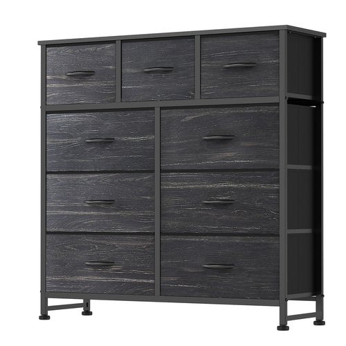 DUMOS 9 Drawer Dresser for Bedroom, Fabric Storage Organizer with Sturdy Metal Frame, Wooden Top Chest of Drawers for Closet Entryway Guest Room,Black Wood