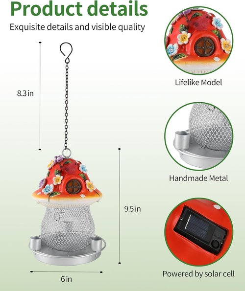 iStatue Solar Bird Feeder - 9.5'' Large Hummingbird Feeder with Resin Mushroom & Cardinal Flowers | Outdoor Garden Decor (Red)