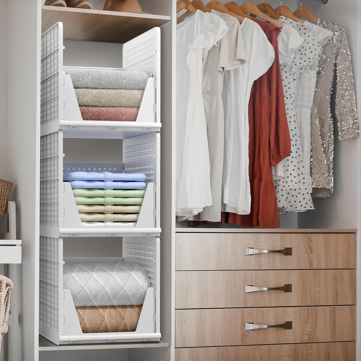 Sorbus Stackable Shelf Organizer Baskets - Versatile Plastic Storage Bins for Closet, Pantry & Bathroom Organization