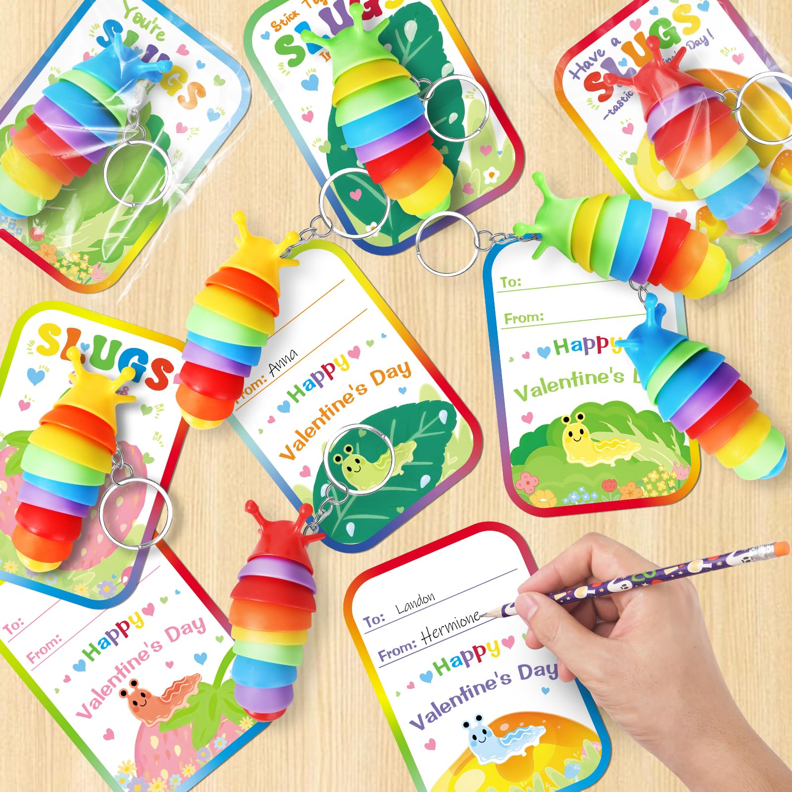 AuroTops Valentines Day Cards for Kids,24 Pack Cute Keychains Bulk Sensory Slug Fidget Toys with Valentines Cards for Boys & Girls Valentine's Day Classroom Gift Exchange,Kids Party Favors