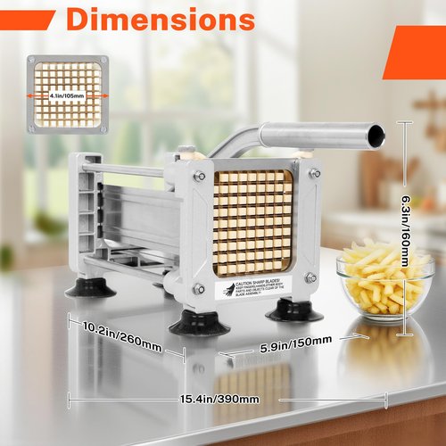 FSUON French Fry Cutter for Potatoes, Stainless Steel Potato Cutter for Fries with 1/2", 3/8", 1/4" Replaceable Blades, Glove, and Brush