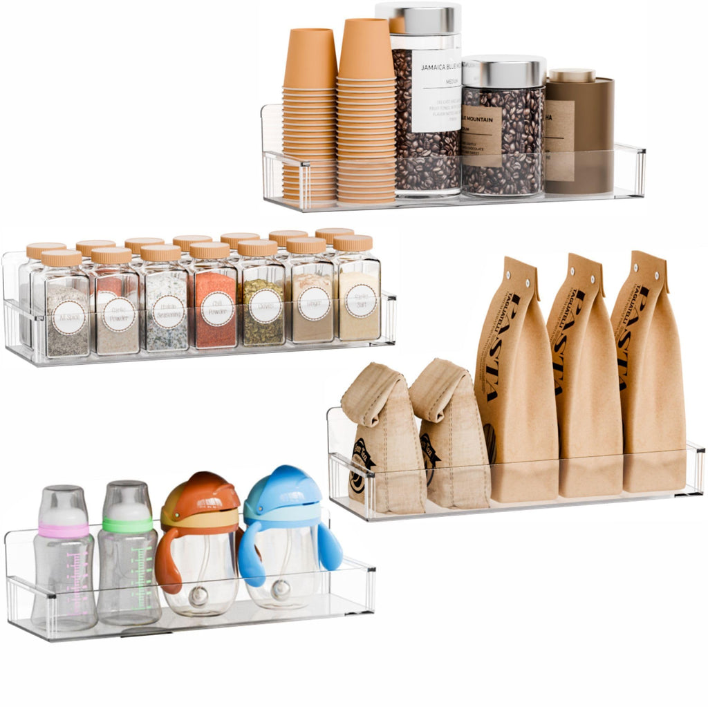 Yieach 4 Pack Clear Spice Rack Wall Mount with Adhesive,11.5″L x 3.6″W,Stick on Seasoning Jar Spice Organization for Cabinet Door or Pantry Door,Adhesive Wall Spice Rack for RV,Kitchen,Inside Cabinets