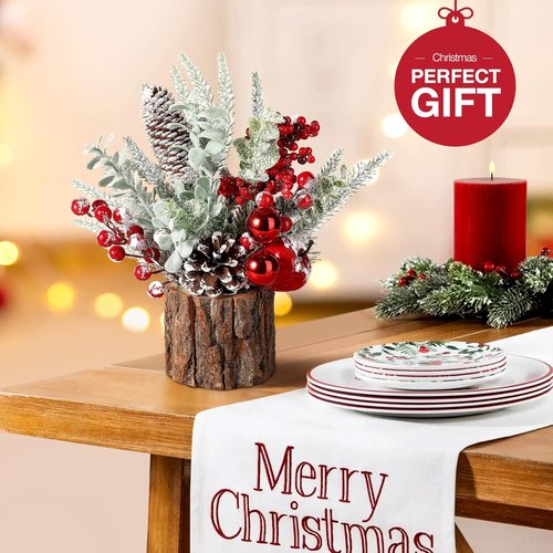 Hatisan Small Christmas Tree - Tabletop Artificial Pine Cone & Berry Decor | 2 Pack Red-Round for Holiday Cheer