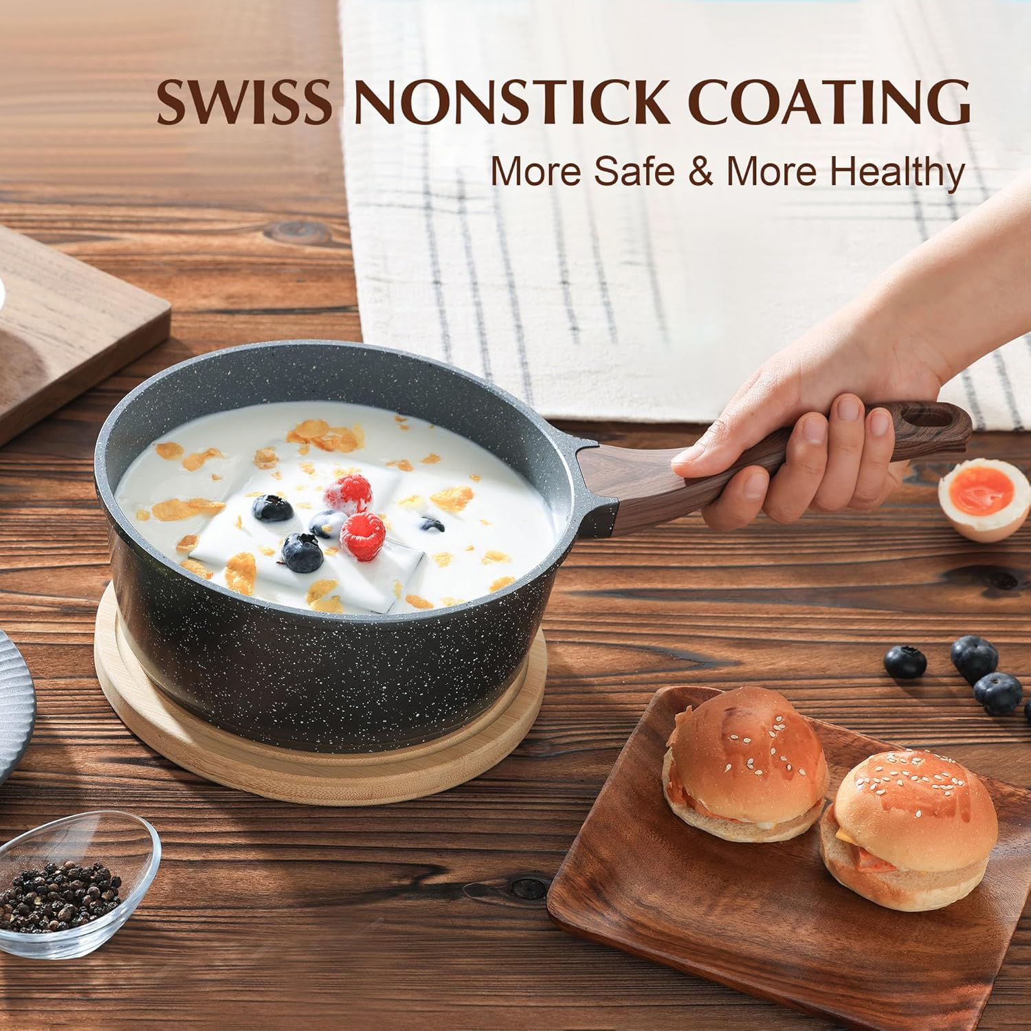 SENSARTE Nonstick Saucepan - 2.0 Quart Small Pot with Swiss Granite Coating & Stay-Cool Handle