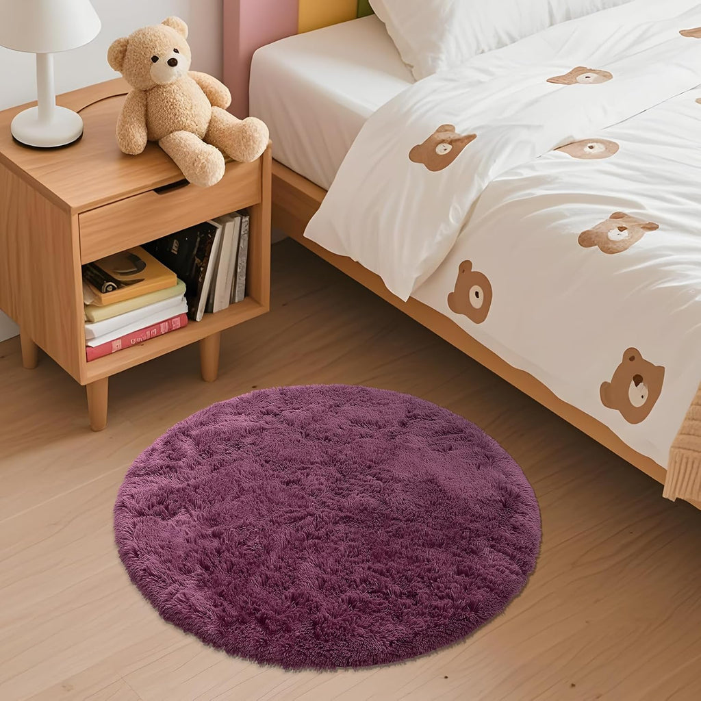 OLANLY Round Burgundy Area Rug - Soft, Fluffy, Machine Washable 2 ft Circle Carpet for Bedrooms & Nurseries