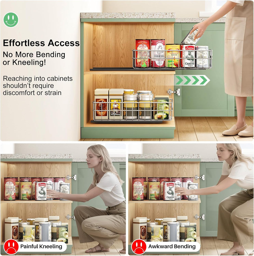 Pull Out Cabinet Organizer by Regine Switzerland - Stainless Steel 2-Pack Drawer with Silent Slides | Ideal for Kitchen, Pantry & Bathroom