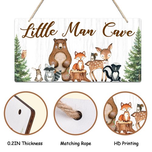 Uflashmi Wood Liitle Man Cave Sign, Woodland Animal Nursery Wall Decor for Baby Boys Room, Woodland Theme Nursey Room Decor for Toddler Boy, 12”x6”