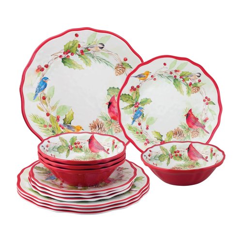 UPware 12 Piece Winter Birds Melamine Dinnerware Sets, Outdoor Dishes Set, Plates and Bowls Sets, Christmas Decorations, Service for 4, Red