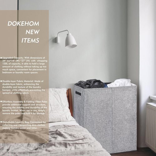 DOKEHOM 150L Double Laundry Basket - Collapsible Hamper with Lid & Removable Bags | Grey