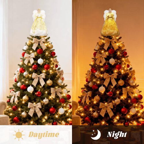 16 Inch Angel Tree Topper, Large Christmas Tree Topper Angel with Lights Decorations Battery-Powered Angel Ornaments for Christmas Tree with Feather Wings Xmas Tree Toppers Indoor Decorations-Gold