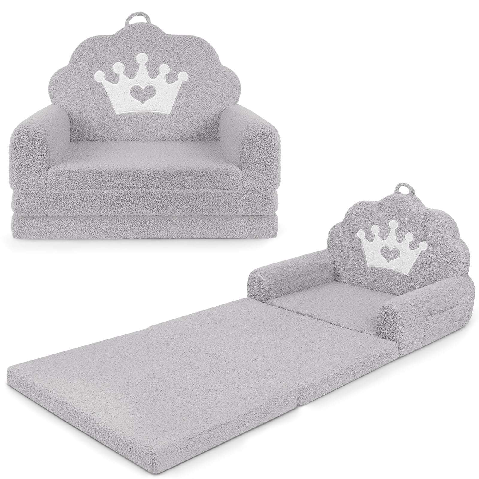 PIIKAGO 2-in-1 Kids Couch Fold Out, Soft Teddy Sherpa Toddler Couch with Crown Design, Convertible Kids Sofa to Lounger for Nap & Playtime, Cozy Children's Furniture for Boys & Girls, Grey