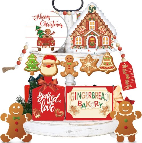 Bucherry Christmas Gingerbread Tiered Tray Decor - 12-Piece Wooden 3D Signs for Rustic Home Centerpiece