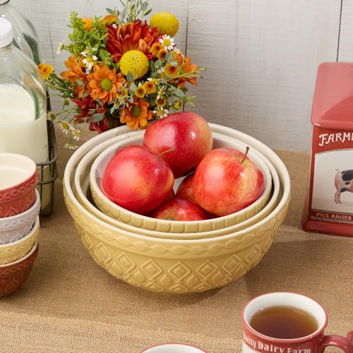 Vintage Farm Stoneware Mixing Bowl Set, 3-Piece, Includes 2 Qt, 3 Qt & 4.25 Qt Bowls, Embossed Patterns in Golden-Honey Finish, Durable & Nesting Design, Perfect for Mixing, Baking & Serving