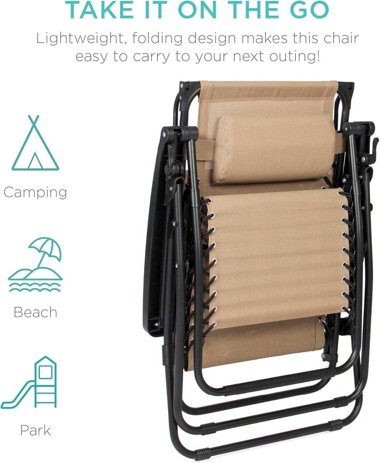 Best Choice Products Folding Zero Gravity Recliner Chair - Adjustable Canopy, Headrest & Side Tray - Beige