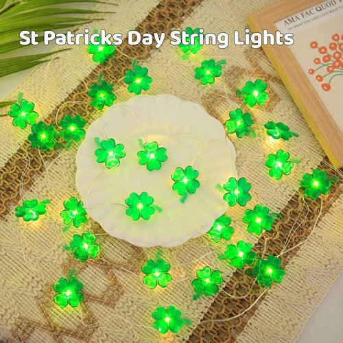 Yoitomehy St Patricks Day Decorations Green Shamrocks String Lights 10 ft 30 LEDs Battery Operated, Lucky Clover Fairy Lights, Green Lights for Porch Fireplace Golf cart, St. Patrick's Day Decoration