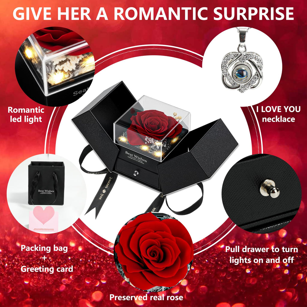 woxafo Preserved Real Red Rose with I Love You Heart Necklace 100 Languages - Eternal Flowers Rose Birthday Gifts for Women, Wife, Mom, Girlfriend - Valentine's Mother's Day Christmas Gift