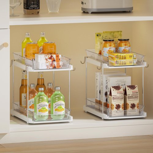 Delamu 2 Tier Bathroom Under Sink Organizers and Storage with Hook, Multi-Purpose Cabinet Drawers with Movable Dividers, Pull Out Organization for Countertop, Kitchen and Pantry(White, 4 Pack)
