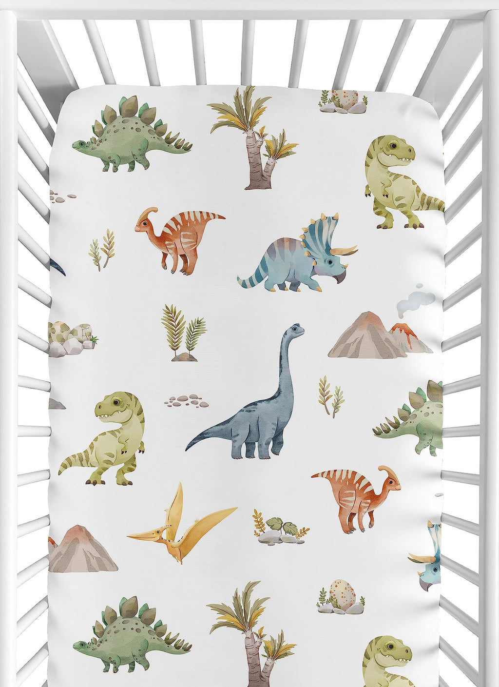 Sweet Jojo Designs Fitted Baby Crib Sheets (Watercolor Dinosaur Dino) for Boys, Infant Nursery, Toddler Room - Standard Size (Modern, Dinosaurs, Jurassic, Nature, Animal, Steel, Green, Blue & White)