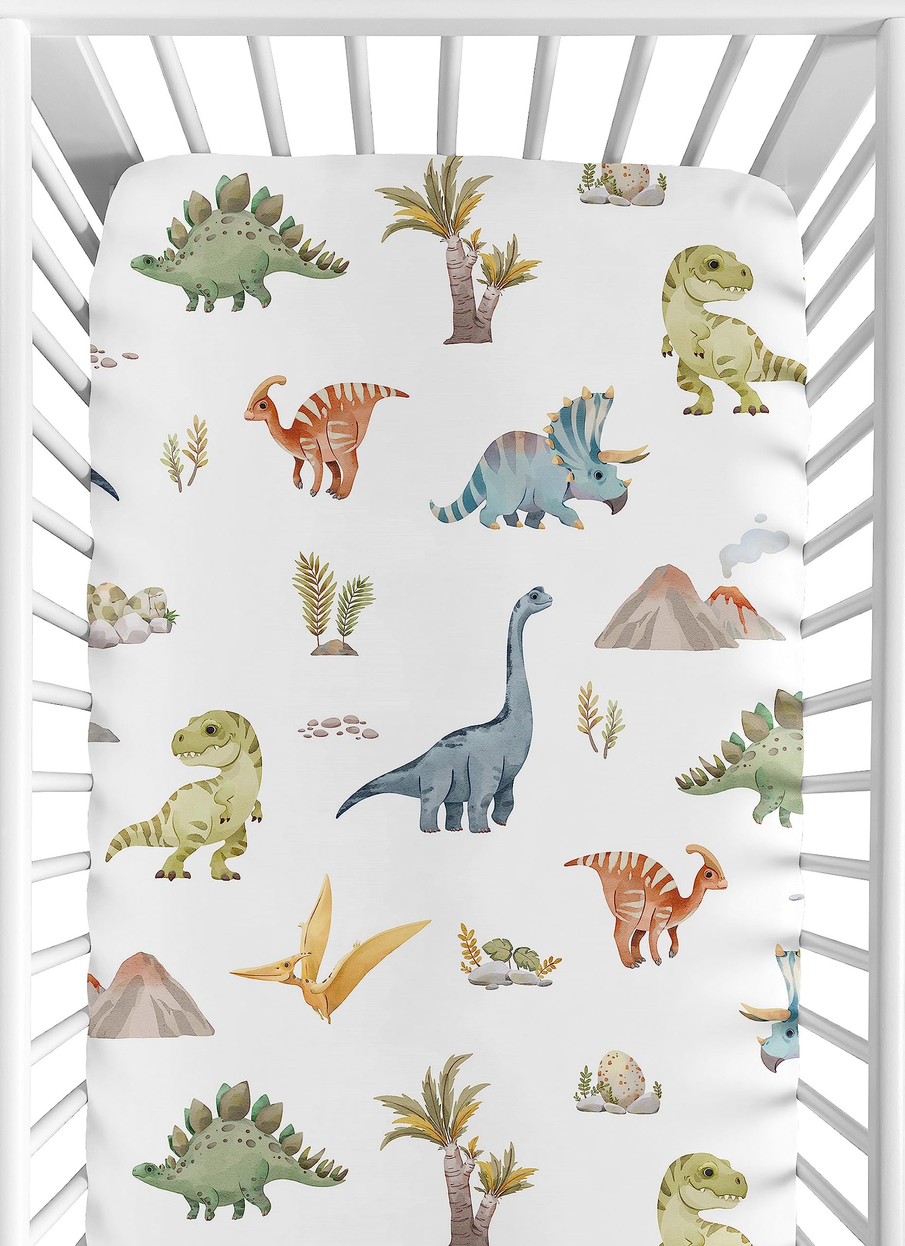 Sweet Jojo Designs Fitted Baby Crib Sheets (Watercolor Dinosaur Dino) for Boys, Infant Nursery, Toddler Room - Standard Size (Modern, Dinosaurs, Jurassic, Nature, Animal, Steel, Green, Blue & White)