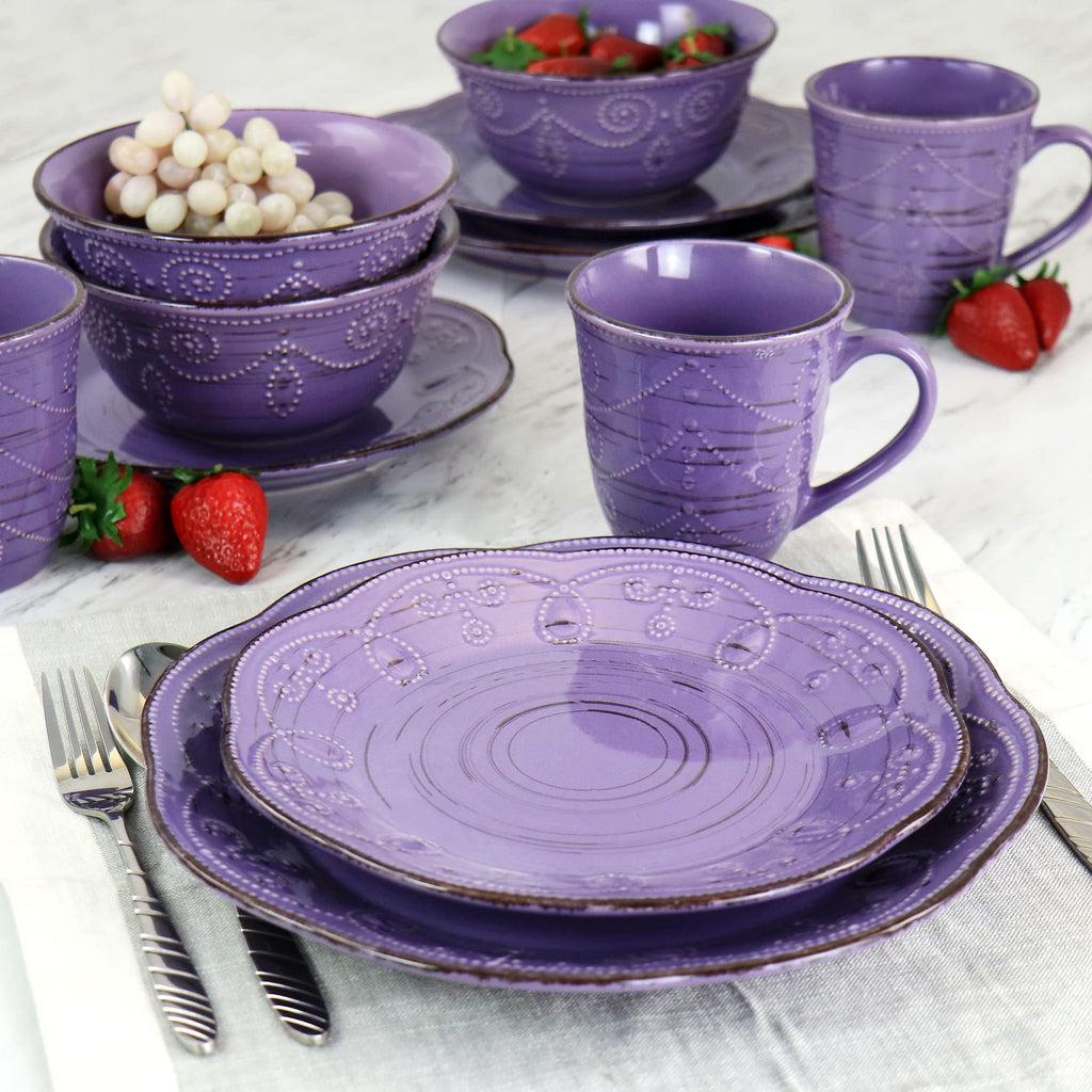 Elama Rustic Birch 16 Piece Stoneware Dinnerware Set in Purple, Purple with Brown Accents, (EL-RUSTICBIRCH)