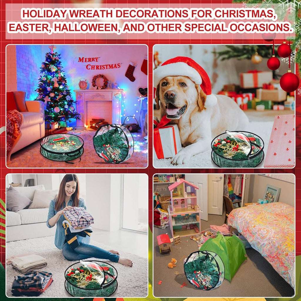 Zhengmy Wreath Storage Bags - 4 Pack Clear Christmas Wreath Containers with Handles & Dual Zippers | Black