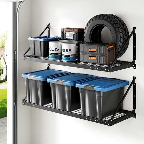 FLEXIMOUNTS 2-Pack Garage Wall Shelving | Heavy-Duty 2x4ft Storage Rack with 660lbs Capacity & Brace Guardrail