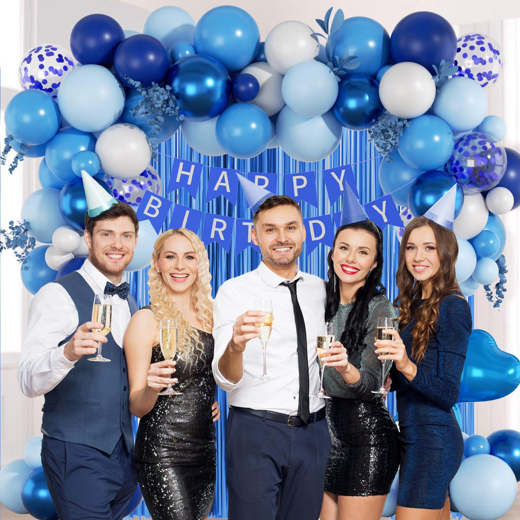 Blue Birthday Decorations for Women Men with Metallic Pastel Navy Blue Confetti White Foil Balloons Fringe Curtain Banner for 1st 15th 16th 18th 21st 25th Men Birthday Decorations