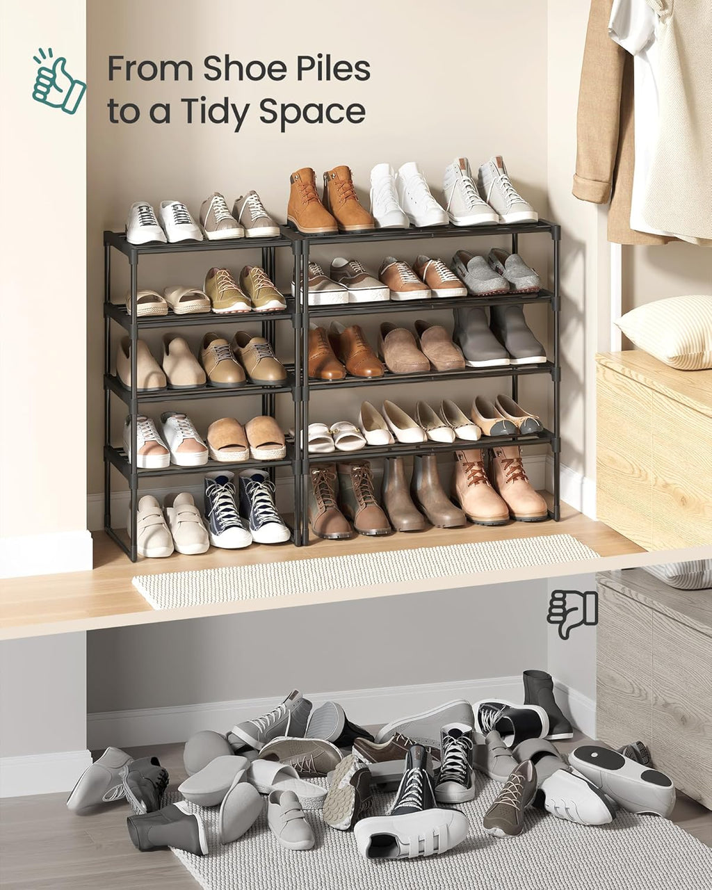 SONGMICS 4-Tier Shoe Rack - Stackable Metal Organizer for 5-10 Pairs | Black, 11.8 x 16.7 x 28.2 Inches