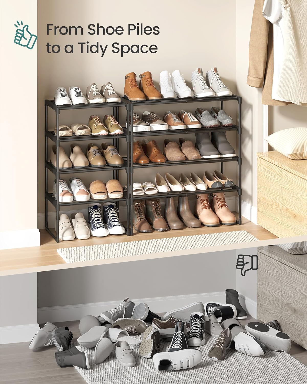 SONGMICS 4-Tier Shoe Rack - Stackable Metal Organizer for 5-10 Pairs | Black, 11.8 x 16.7 x 28.2 Inches