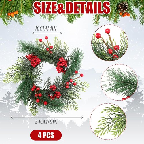 Knitgrip Mini Christmas Candle Rings - Red Berry Pinecone Wreaths for Holiday Table Centerpieces