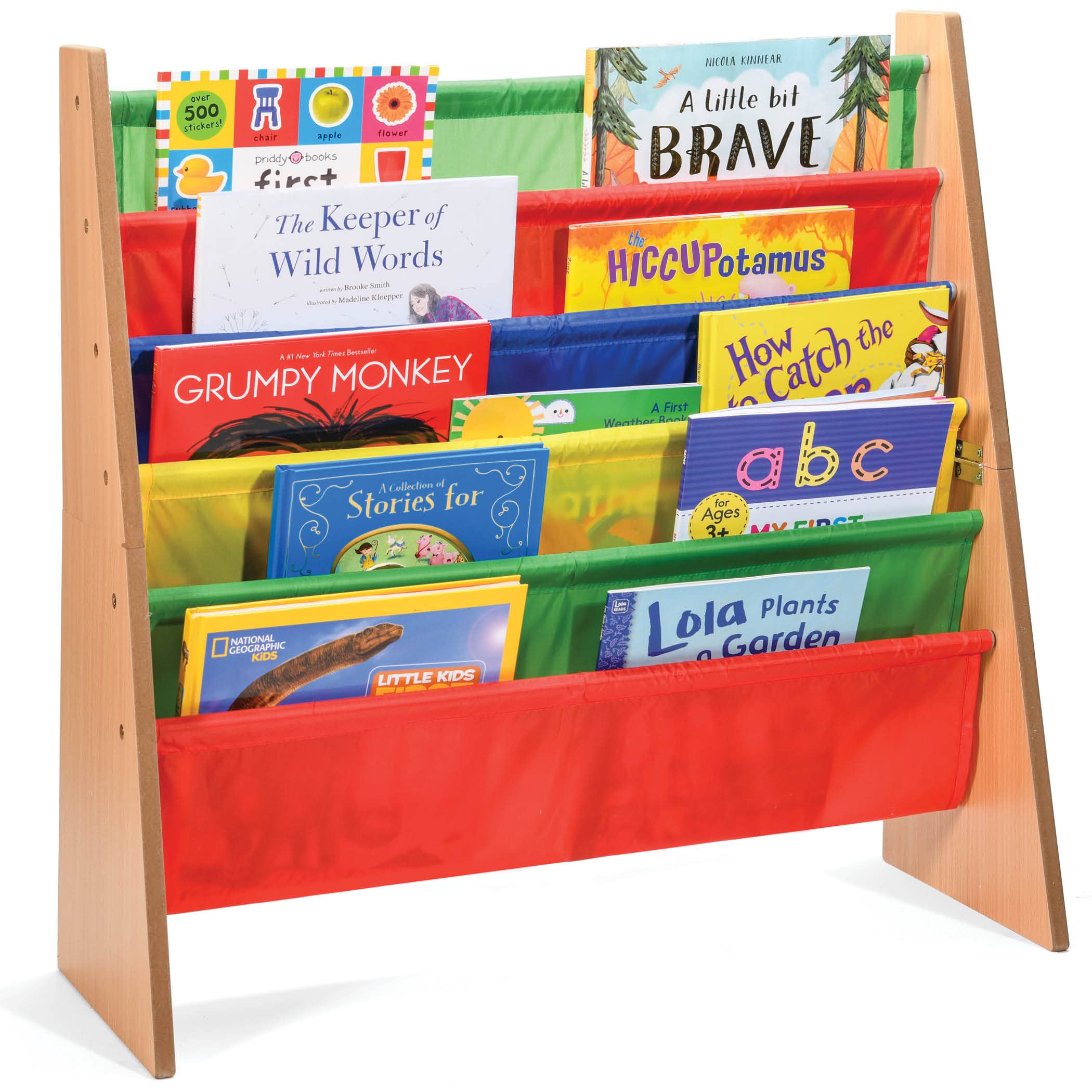 Sagler Toddler Book Shelf Organizer - Wooden Kids Book Case Storage & Magazine Rack with 5 Multicolored Nylon Fabric Shelves - Easy-to-Reach Kids Bookshelf for Nursery, Bedroom, Playroom, Classroom
